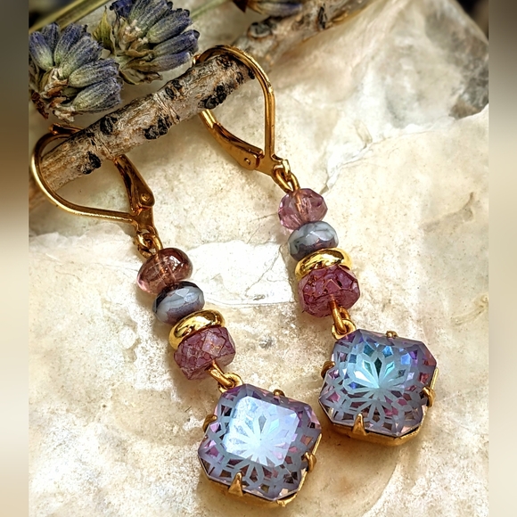 Lavender Lilac Flower Mosaic Glass In Gold Plated Drop Down Earrings - Picture 1 of 5